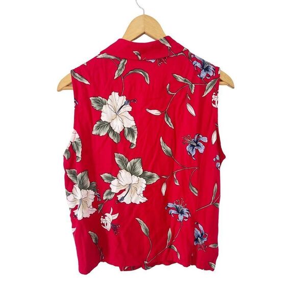 Caribbean Joe Red Floral Pattern Collared Button Down Sleeveless Blouse - Picture 2 of 6